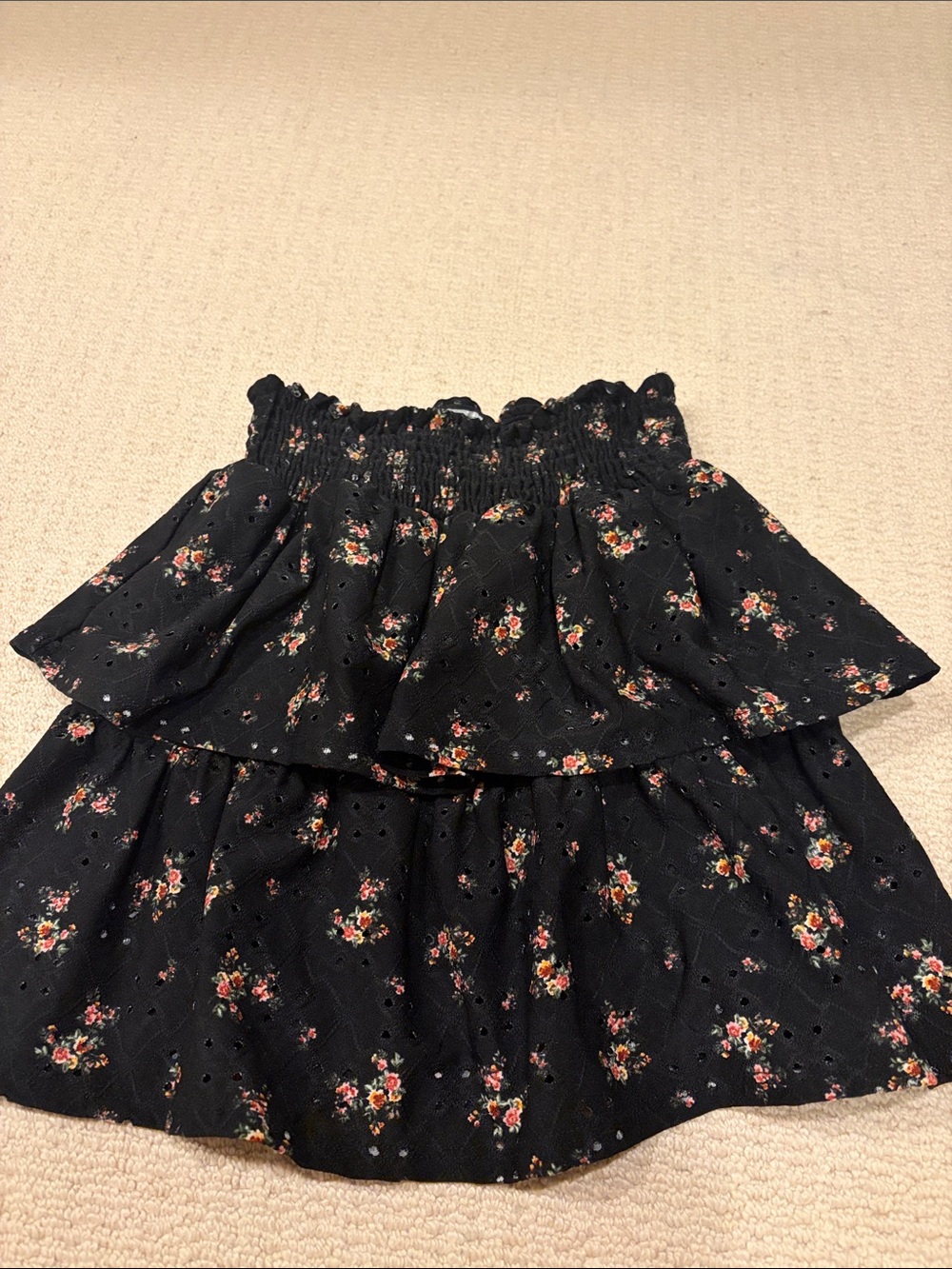 Girls Black Floral Tiered Mini Skirt with Smocked Waist